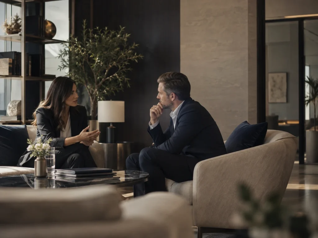 A private advisory conversation in an elegant lounge.