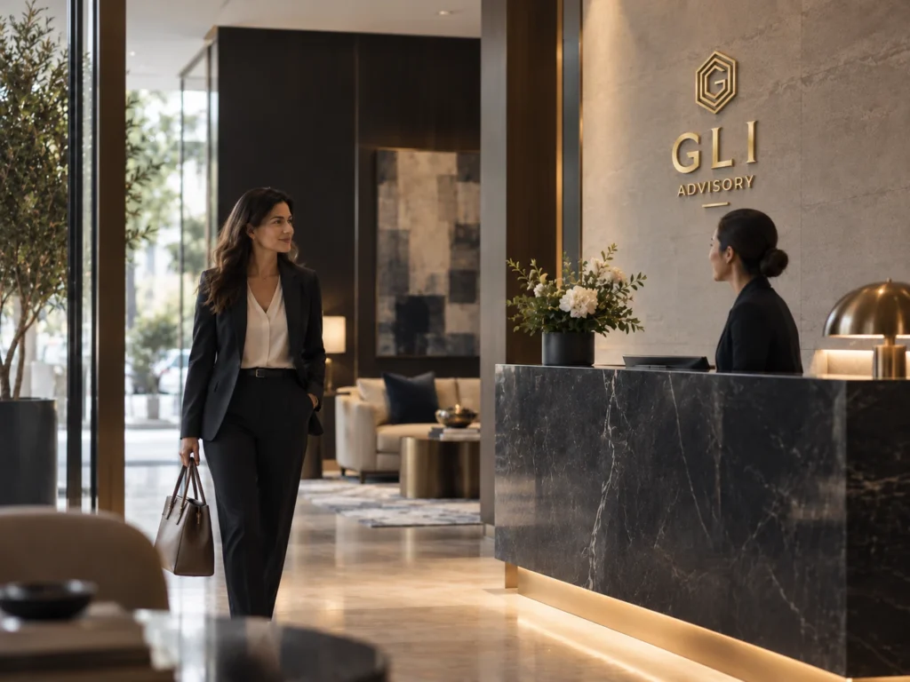 A visitor arriving at the GLI Advisory reception.