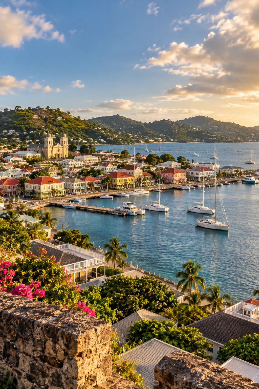 Antigua harbour and coastal town overlooking the Caribbean Sea.