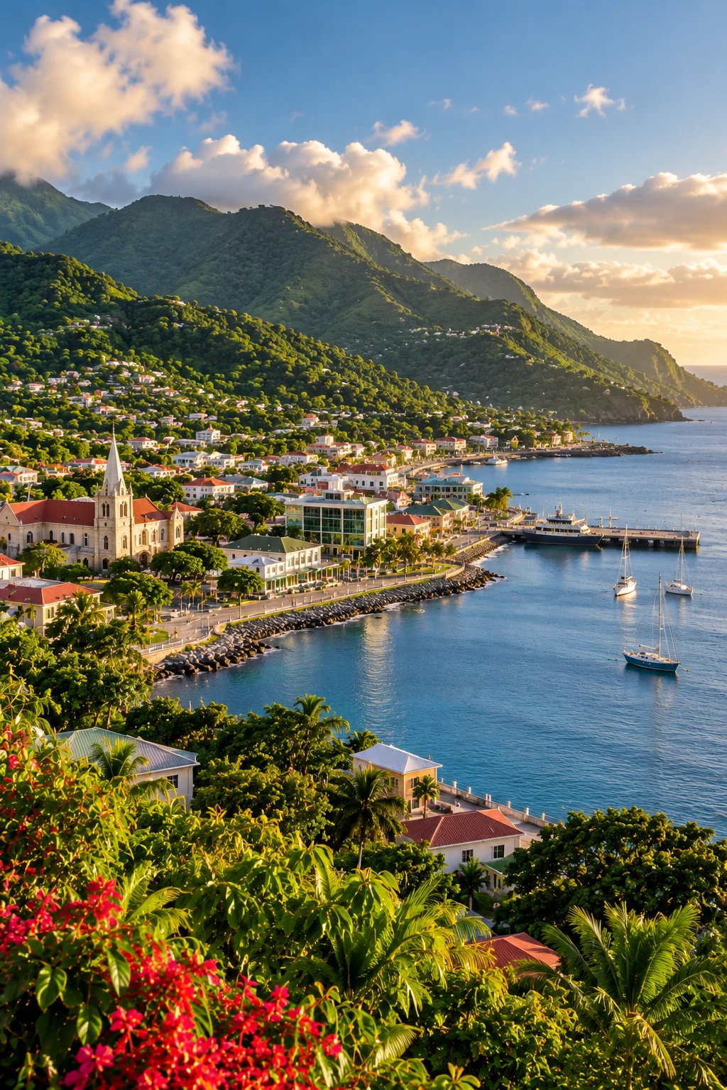 Dominica coastal town and lush mountain landscape.