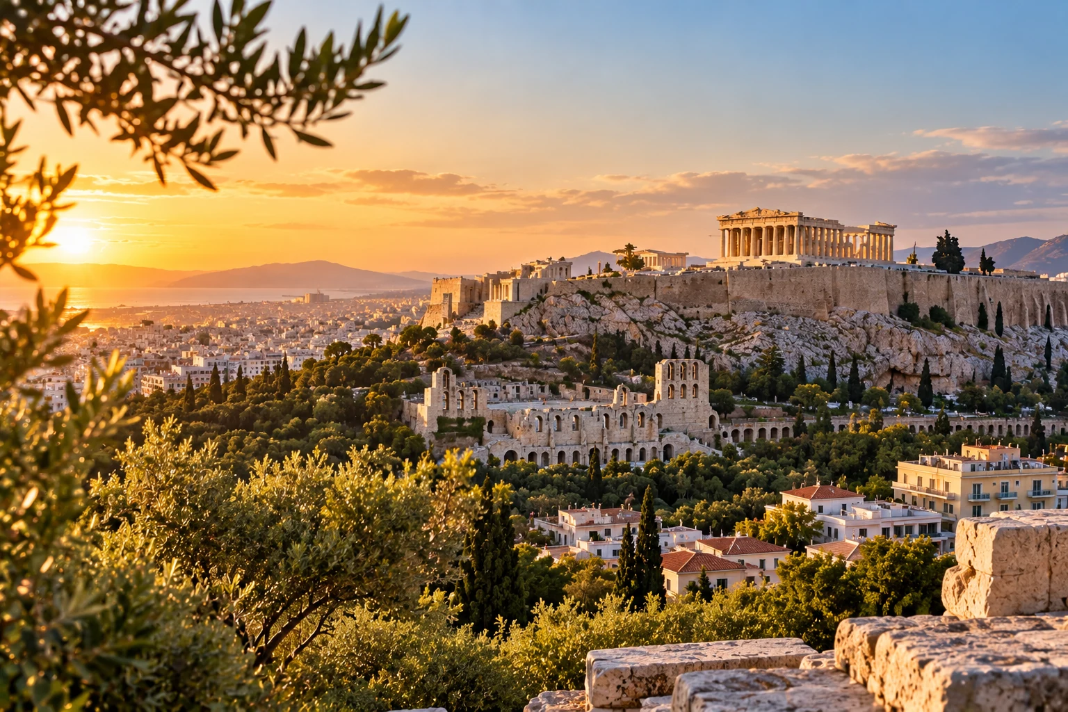 The Acropolis and the Athens cityscape in Greece.