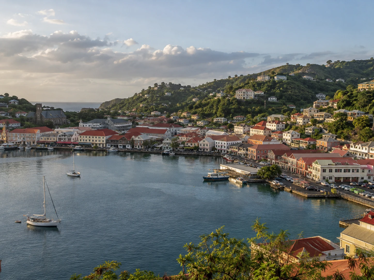St George's Carenage harbour and waterfront buildings in Grenada.