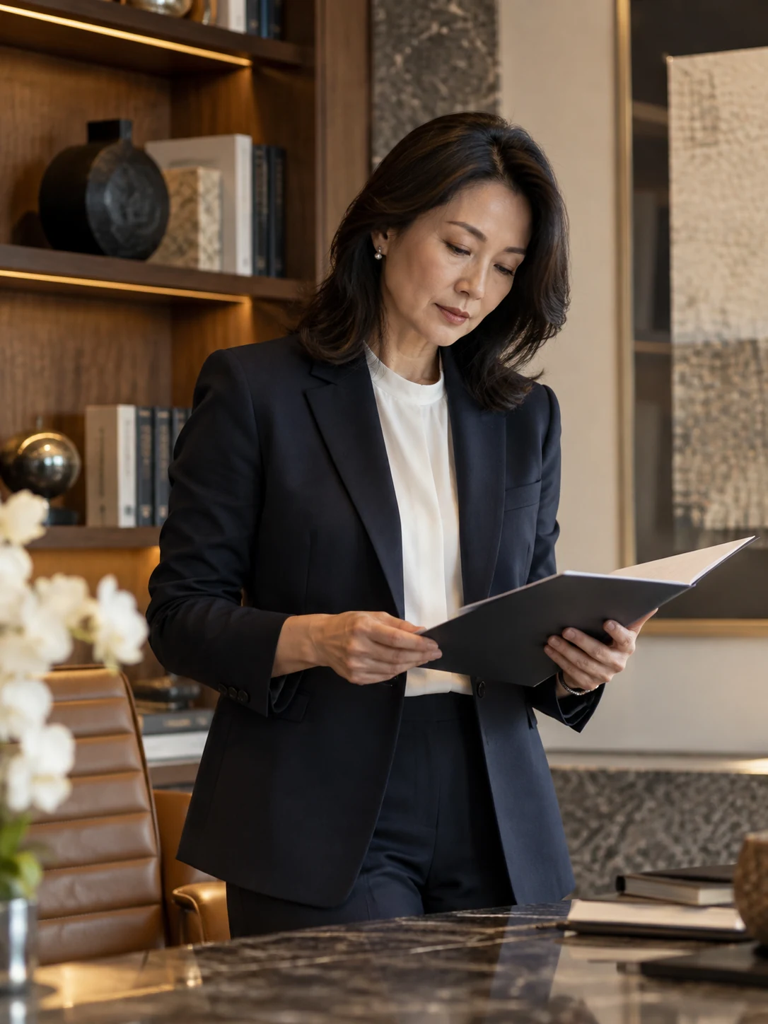 Executive reviewing documents in a contemporary office.