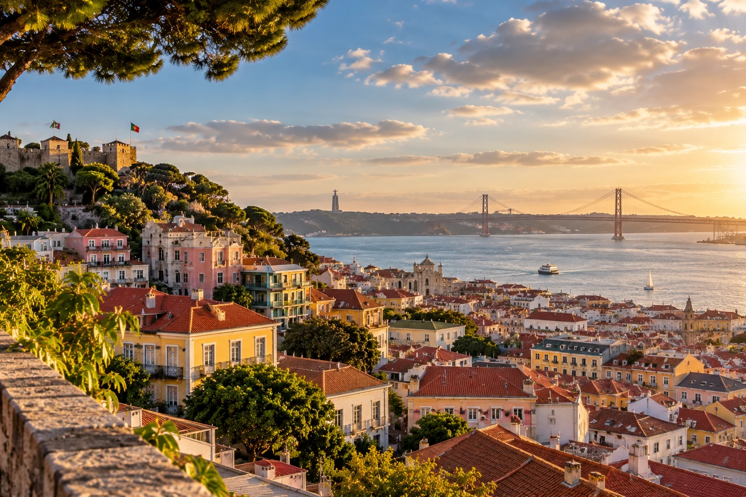 Lisbon cityscape and the Tagus River in Portugal.