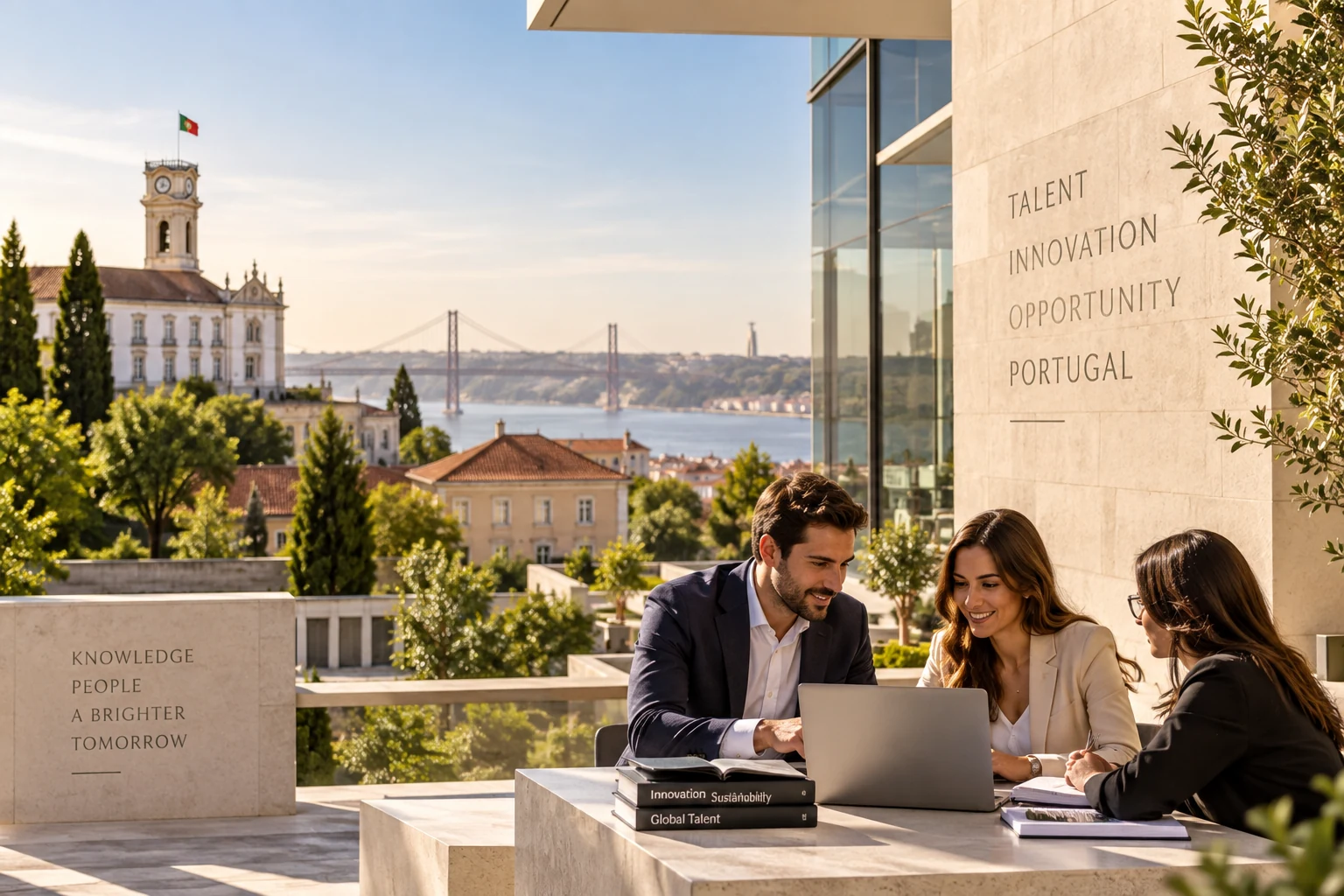 Professionals collaborating in a business and innovation setting in Portugal.