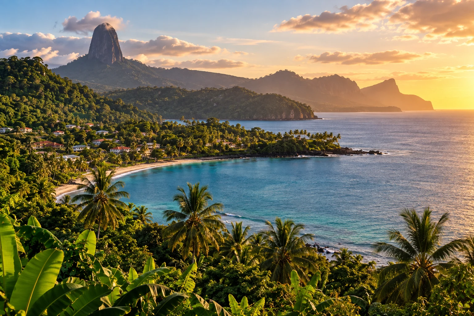 Tropical coastline and volcanic landscape in São Tomé and Príncipe.