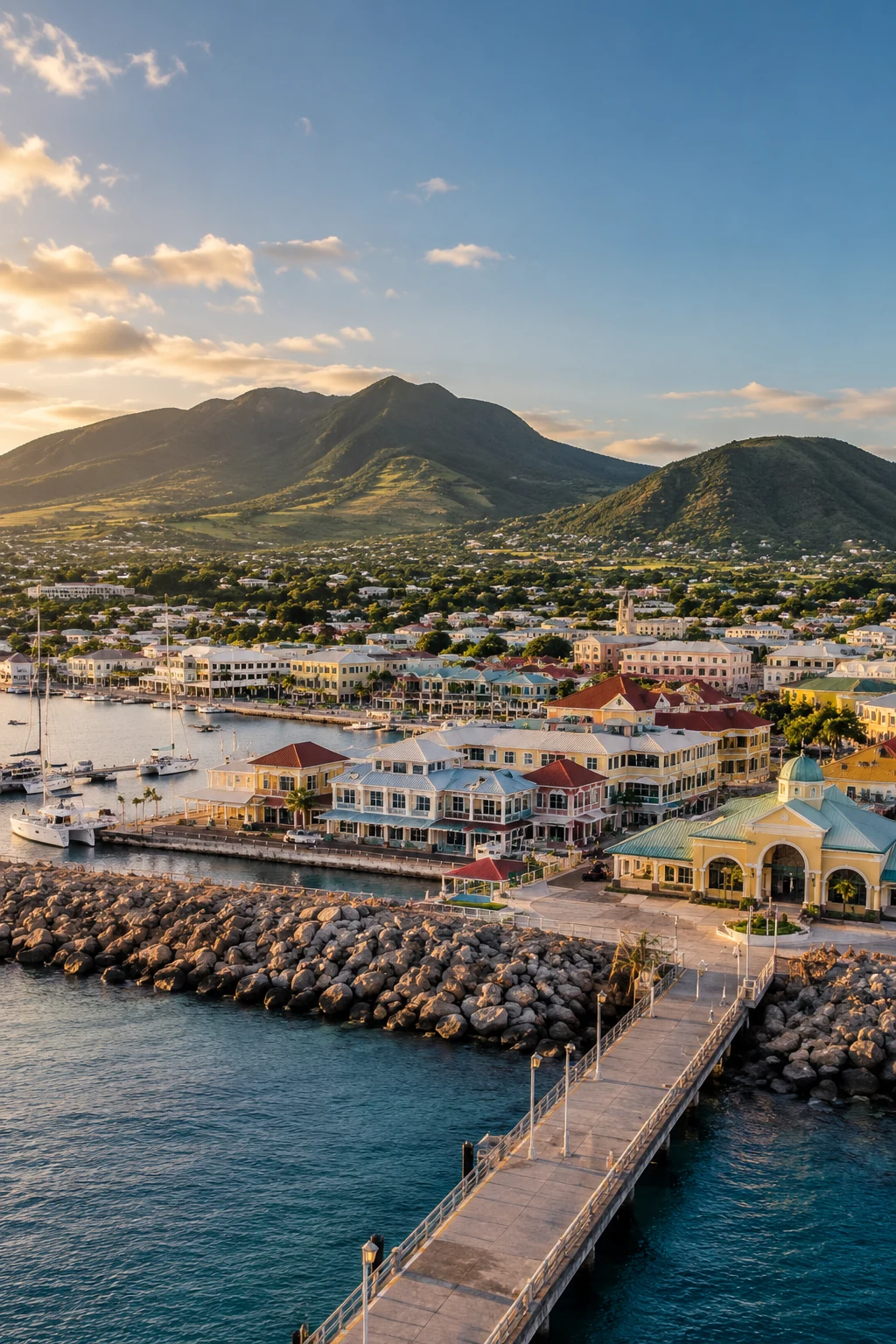 St Kitts coastline and coastal town beneath green mountains.